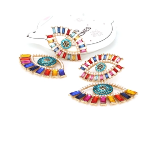 Colorful rhinestone evil eye drop earrings in gold alloy with pearls and crystals
