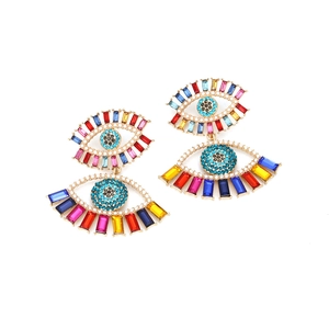 Bohemian evil eye earrings with colorful crystals and blue pavé rhinestones on gold base
