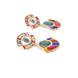 Rainbow crystal evil eye drop earrings with gold metal base and colorful rhinestones