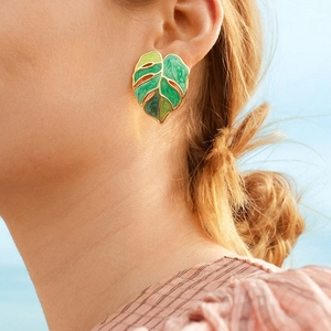 Tropical green monstera leaf earrings with gold plating and enamel finish for women