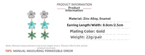 Detailed view of long tiered floral earrings with zinc alloy and colorful oil drip finish