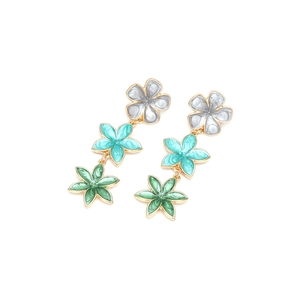 Detail of three tiered floral drop earrings with grey, teal and green petals