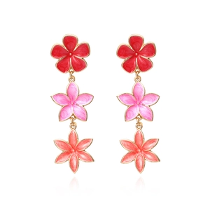 Three-tier floral drop earrings with red and pink enamel flowers in gold plating