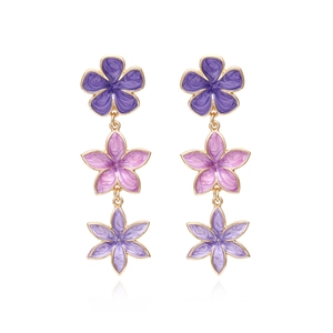 Three-tier purple gradient floral drop earrings with gold-toned enamel flowers
