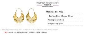 Detailed view of gold zinc alloy leaf earrings with wave texture and dimension measurements
