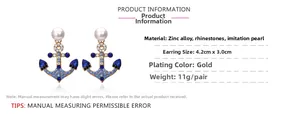 Detailed size specifications for gold anchor earrings with blue crystals and white pearls