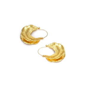 Elegant gold metal leaf earrings with irregular textured finish and C-shaped design
