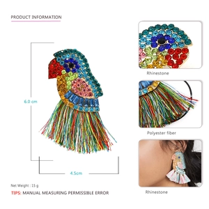 Détail des boucles d'oreilles perroquet colorées 6x4,5cm avec strass et longues franges