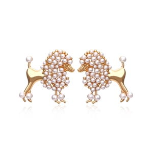 Poodle Stud Earrings Gold Plated Alloy White Faux Artificial Pearl Pavé Chic Animal Design For Women Fashion Accessory