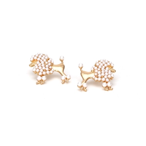 Elegant gold-plated poodle stud earrings with white pearl detailing on white background
