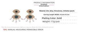 Detailed size chart of Evil Eye pearl earrings with rhinestone accents and dimensions
