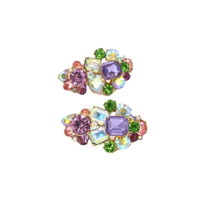 Boucles d'oreilles géométriques en cristal coloré avec bordure dorée et pierre violette