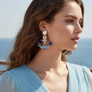 Anchor Dangle Earrings Gold Plated Alloy With Blue White Rhinestones And Artificial Pearl Nautical Style Vintage For Women