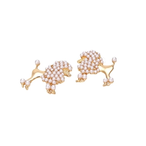 Golden poodle stud earrings featuring white faux pearl pave for women and girls