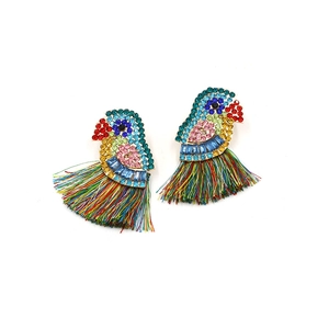 Boucles d'oreilles perroquet ethniques avec strass colorés et longs pompons en soie