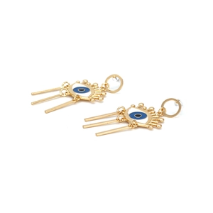 Orecchini vintage a occhio greco dorati con nappe e ciondoli verticali in smalto blu