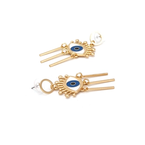 Orecchini a goccia occhio del diavolo con smalto blu e frange metalliche dorate pendenti