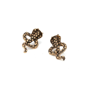 Retro cobra snake stud earrings with yellow rhinestones and gold alloy texture