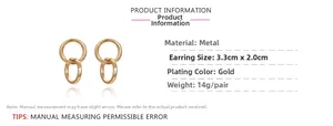 Detail view of gold double hoop earrings with measurements and product specifications