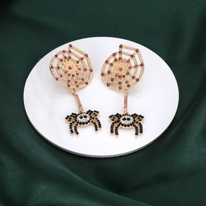 Halloween spider web drop earrings in gold finish with purple and black rhinestones