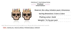 Detailed size specifications for skull crown earrings with baroque pearl and rhinestones