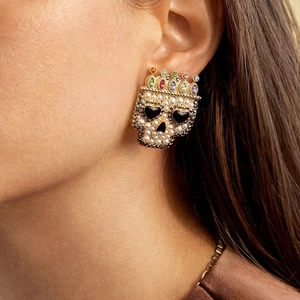 Baroque pearl skull earrings with crown and multi-color gems for elegant gothic style