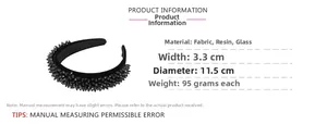 Detailed size specifications of black beaded baroque headband with 3.3cm width