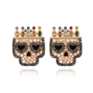 Gothic Skull Stud Earrings With Crown Alloy Imitation Artificial Pearl Multi Color Rhinestone Halloween Party Retro Jewelry For Women