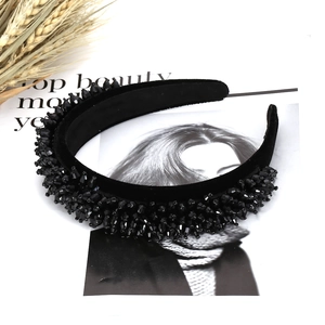 Handmade Baroque headband with black beaded crystals on wide plush vintage velvet base