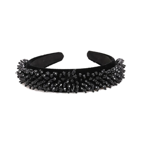Baroque style wide black velvet headband with handmade crystal bead embroidery