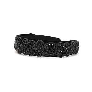 Retro wide beaded headband with handmade black beads and intricate vintage crystal patterns