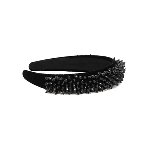 Baroque black velvet headband with hand-woven crystals and wide beads for women