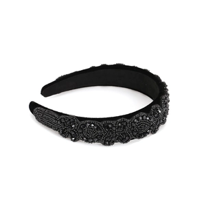 Handmade beaded wide headband with vintage floral patterns on black velvet base