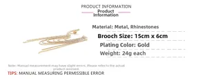 Dimensions détaillées pour une broche à pompon doré avec strass et chaînes en métal