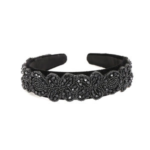 Vintage wide black beaded headband with intricate hand-sewn seed bead embroidery
