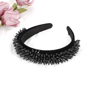 Baroque black velvet padded headband with hand-woven crystal beads for women