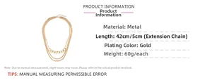 Detailed specs of multi-layered gold metal necklace with triple chain design and parameters
