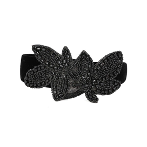 Handcrafted black beaded headband with wide velvet base and baroque style leaf patterns
