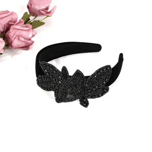 Vintage Baroque black velvet headband with handmade beadwork and floral patterns