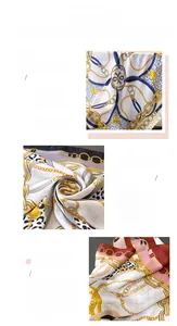 Detail view of silk satin square scarf with gold chains, leopard prints, and stitched edges