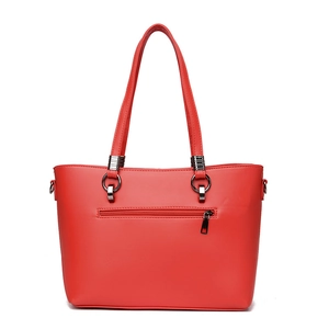 Large capacity red tote bag with stone texture embossing and silver metal ring handles