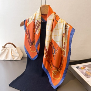 Luxury silk-feel square scarf with equestrian chain print in orange and blue