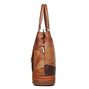 Vintage patchwork soft leather tote bag with large capacity and multi-zipper layers