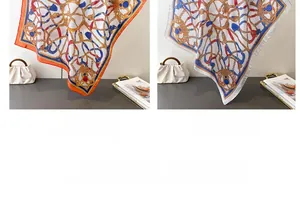 Detail view of vintage chain print silk scarves in orange and blue fashion colors