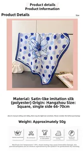 Vue détaillée du foulard floral en soie avec spécifications et icônes de lavage