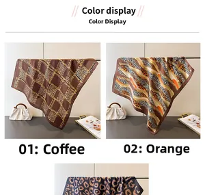 Detailed view of leopard and chain print silk-like scarves in brown and orange tones