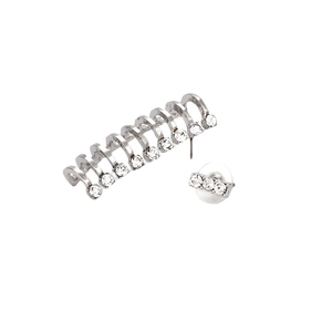 Silver C-shaped ear cuffs and rectangle stud earrings with sparkling crystals set in metal