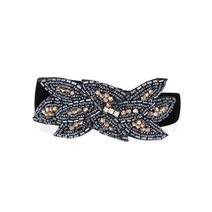 Baroque hand-woven seed bead headband with amber crystal leaf patterns on black velvet