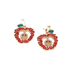 Sparkling red rhinestone apple stud earrings with green leaf and golden alloy base