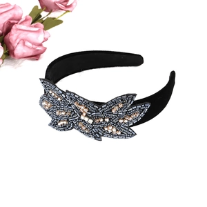 Handcrafted baroque black velvet headband with elegant beaded butterfly leaf embellishments